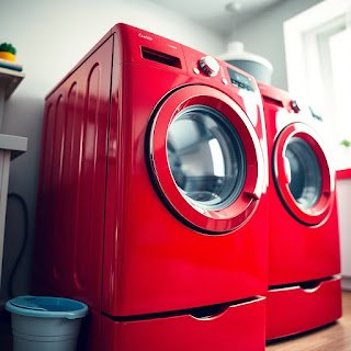 a photo of a bright red washing machine, lively and energetic, captured with a wide angle lens, emphasizing its size and presence in a bright, well lit domestic setting