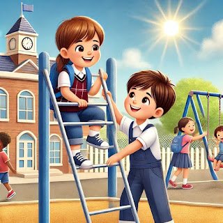 I am Worried My ASD Child Doesn\'t Have Any Friends dall·e 2025 03 13 13.33.45 a realistic school setting with two children playing together happily. one child is helping the other climb a jungle gym, while both are smiling and e