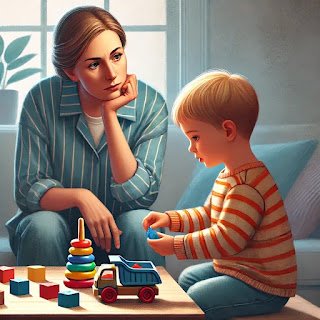 dall·e 2025 03 13 17.41.42 a realistic illustration of a concerned parent observing their young child who is engaged in repetitive play, such as lining up toys instead of engagi