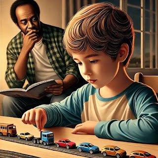 Signs of Autism - Is my Child Autistic? dall·e 2025 03 13 17.44.08 a realistic illustration of a child intensely focused on a specific interest, such as lining up toy cars or reading about a single topic. the child ap