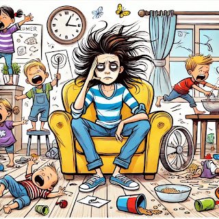 dall·e 2025 03 15 21.17.21 a stressed out mom sitting in the middle of a chaotic living room, completely overwhelmed. her hair is a mess, her eyes are wide with exhaustion, and (1)