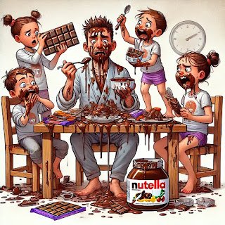 How My Morning Routine Got Hijacked by My Kids (Again) dall·e 2025 03 15 21.23.55 a chaotic and hilarious family dinner scene where the kids are eating only chocolate. one child is covered in melted chocolate, another is double fist