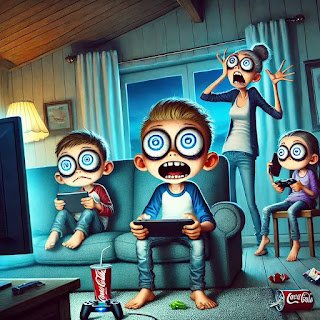 How My Morning Routine Got Hijacked by My Kids (Again) dall·e 2025 03 15 21.25.20 a chaotic and funny living room scene where kids are completely glued to their screens. one child is watching a tablet with wide, zombie like eyes, an