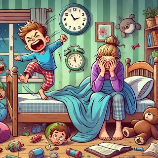 How My Morning Routine Got Hijacked by My Kids (Again) dall·e 2025 03 15 21.27.30 a chaotic and hilarious bedtime scene with two kids completely out of control. one child is jumping on the bed, the other is using a pillow as a weapo