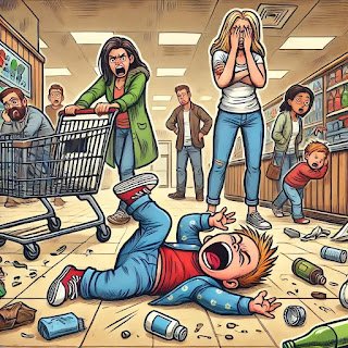 How My Morning Routine Got Hijacked by My Kids (Again) dall·e 2025 03 15 21.28.58 a chaotic and hilarious tantrum scene in a public place. a young child is lying on the floor of a grocery store, kicking and screaming in the middle o