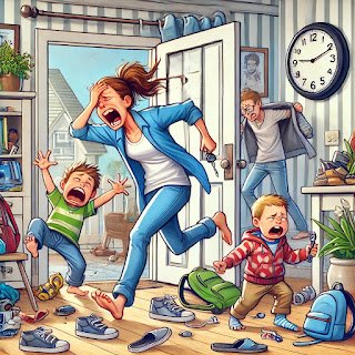 How My Morning Routine Got Hijacked by My Kids (Again) dall·e 2025 03 15 21.36.51 a chaotic and hilarious scene of a family trying to leave the house on time. the exhausted mom stands by the door, frantically searching for her keys