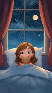 Why Autistic Kids Struggle With Sleep (The Science Explained Simply) illustration of child sitting up in bed wide eyed, holding a toy, with stars moon outside the window. (2)