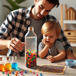 DIY Calming Sensory Bottles (Cheap, Easy & Actually Magical) dall·e 2025 03 13 08.02.02 a parent and child sitting at a table making a diy sensory bottle. the bottle is filled with colorful beads, water, and glitter. the child is watching