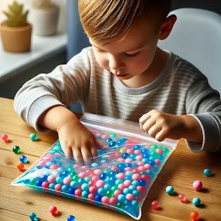 dall·e 2025 03 13 08.04.06 a child sitting at a table playing with a no mess sensory bag filled with colorful gel and small beads. the child is pressing and moving the objects a