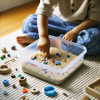 dall·e 2025 03 13 08.04.17 a child sitting on the floor with a shallow container of uncooked rice, carefully searching for small hidden toys like buttons and beads using their f