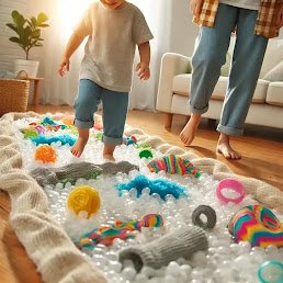 dall·e 2025 03 13 08.08.54 a bright and cheerful home environment where a child is walking barefoot on a homemade sensory path made from household materials like bubble wrap, to (1)