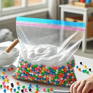 dall·e 2025 03 13 08.13.50 a close up of a diy sensory ziplock bag filled with shaving cream and small colorful beads. the bag is sealed and taped down to a table, allowing a ch