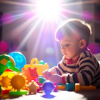 sensory toys for autistic children bathed in bright lens flare, light streaks across the scene, vibrant and saturated colors (1)